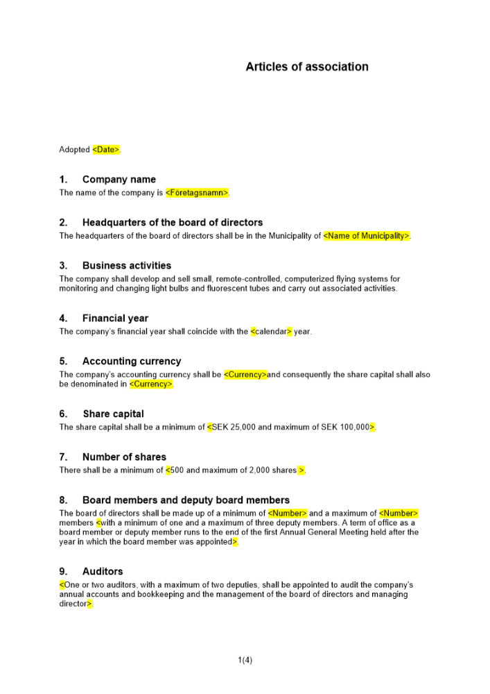 Bolagsordning privat Engelsk