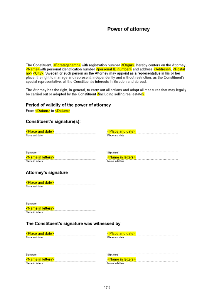 Fullmakt generalfullmakt Engelsk