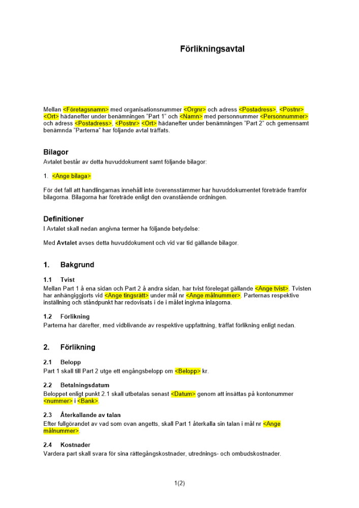 Förlikningsavtal (Avskrivning)