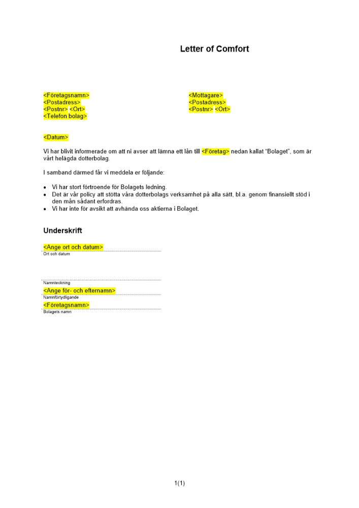 Stödbrev av moderbolag (Generellt Letter of Comfort)