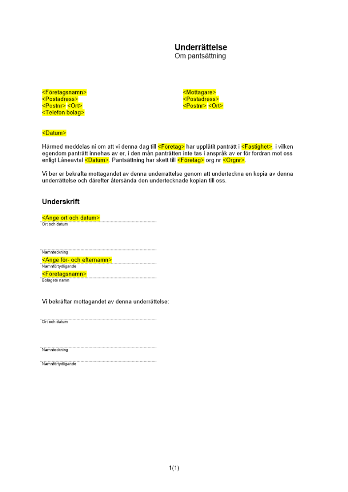 Underrättelse om andrahandspantsättning