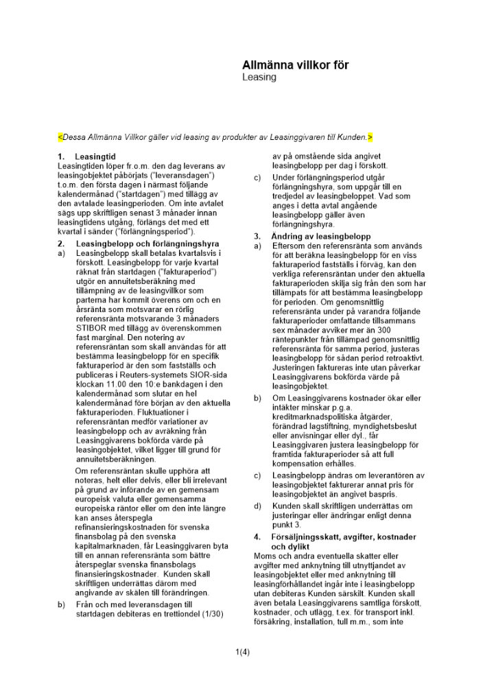 Allmänna villkor för leasing