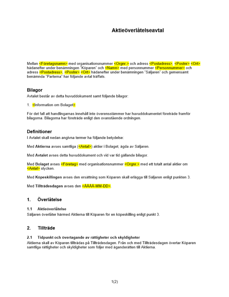 Avtal om överlåtelse av aktier (Kort avtal)