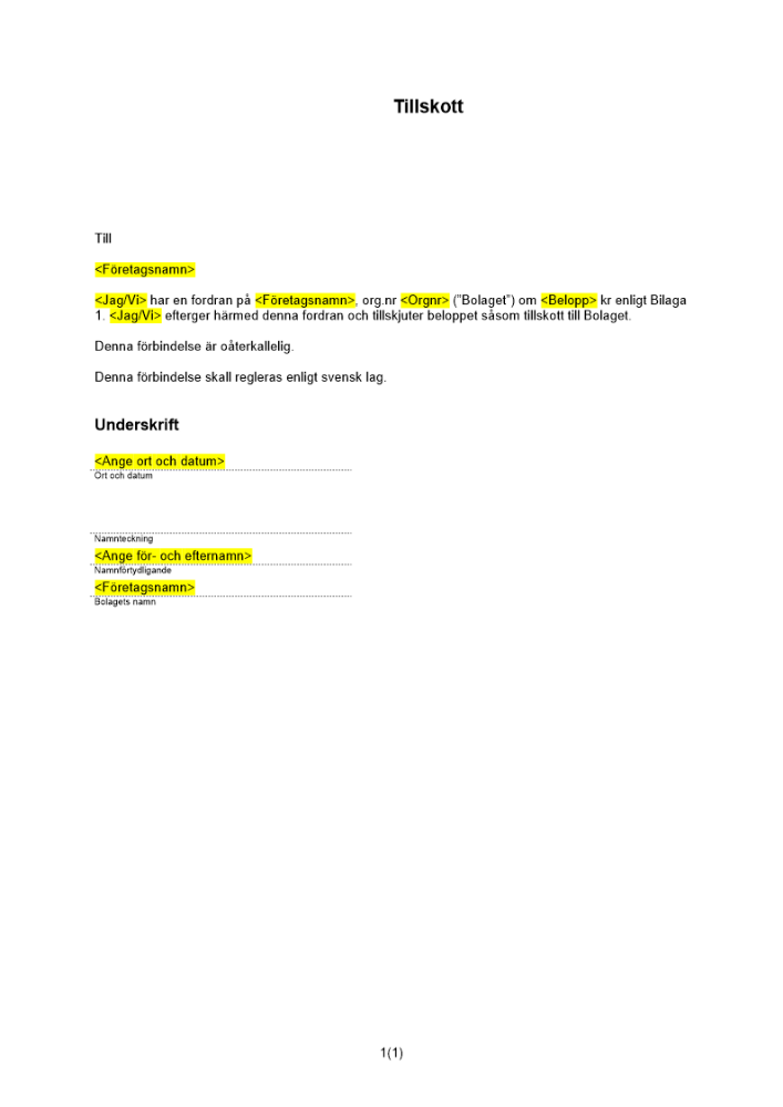 Tillskott (Ej aktieägare - ovillkorat)