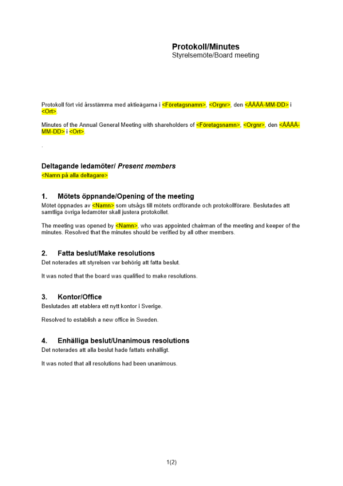 Styrelsemöte - Protokoll gällande etablering av nytt kontor i Sverige