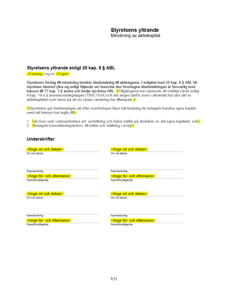 Styrelsens yttrande enl 20 kap 8 § ABL (Minskning)