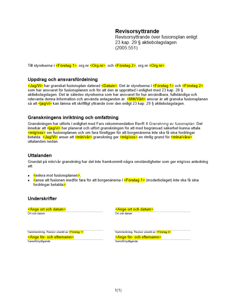 Revisorsyttrande enl 23 kap 29 § ABL (Fusionsplan)