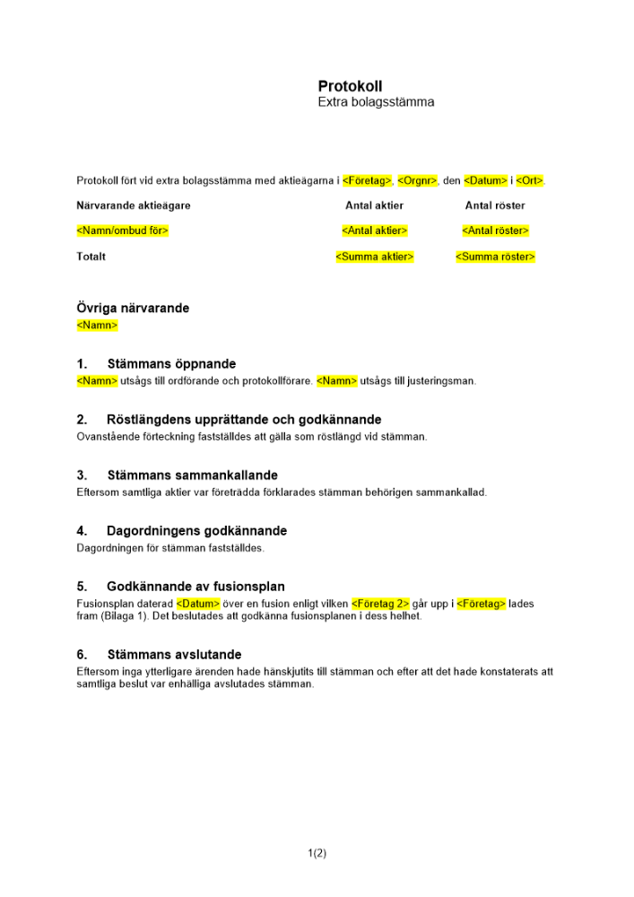 Protokoll från extra bolagsstämma - kombination