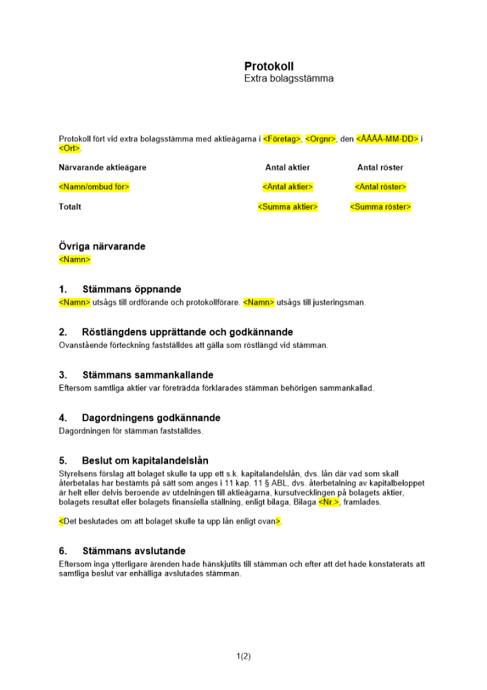 Protokoll från extra bolagsstämma - kapitalandelslån
