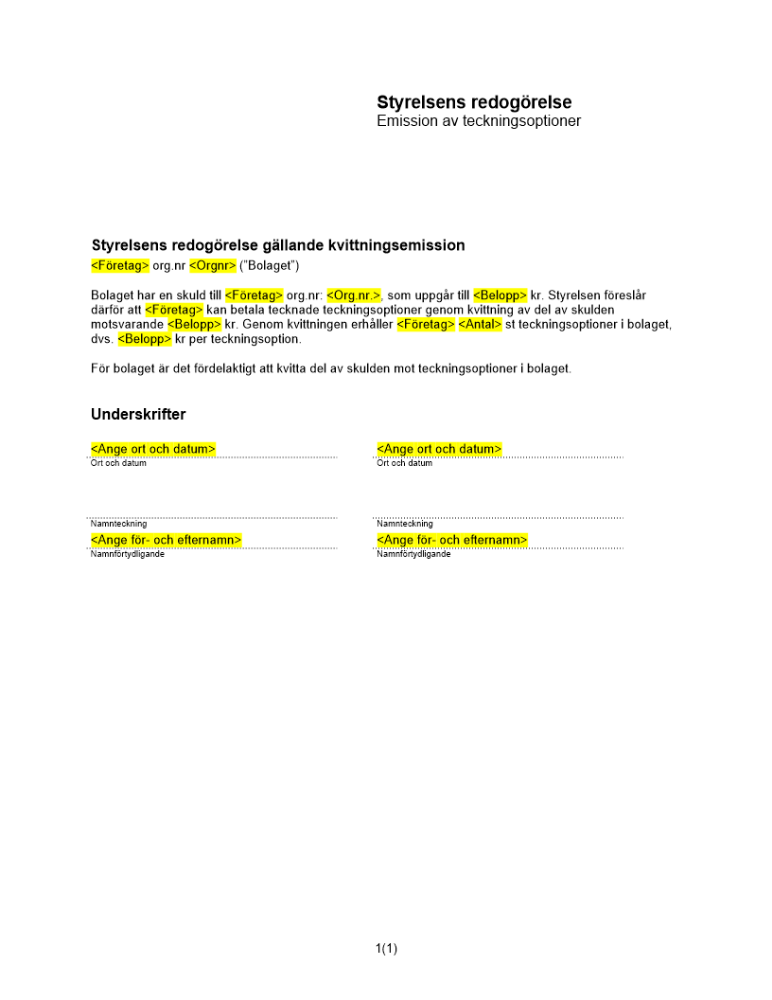 St redogörelse enl 14 kap 9 § ABL (Kvittningsemission)