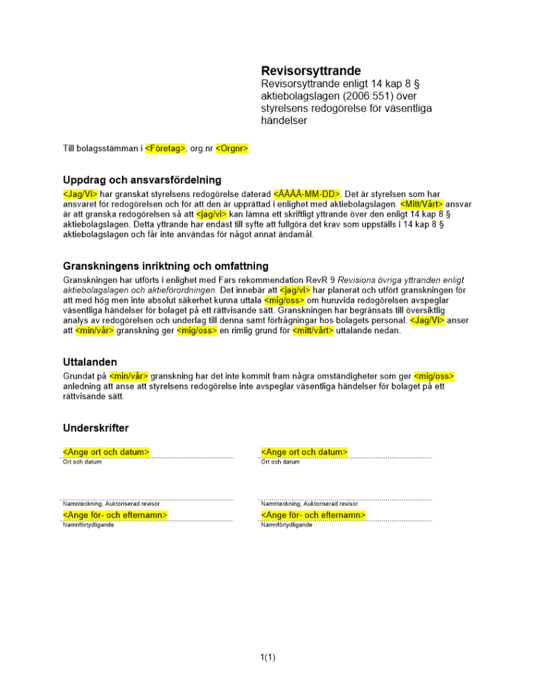 Revisorsyttrande enl 14 kap 8 § ABL (Teckningsoptioner)