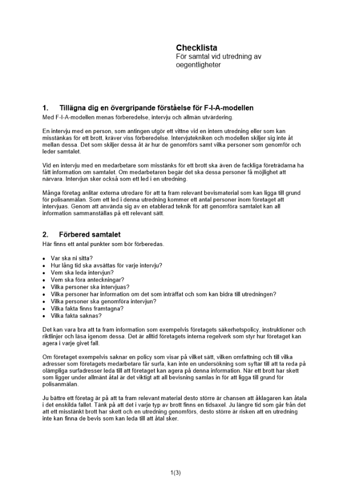 Checklista samtal utredning oegentligheter