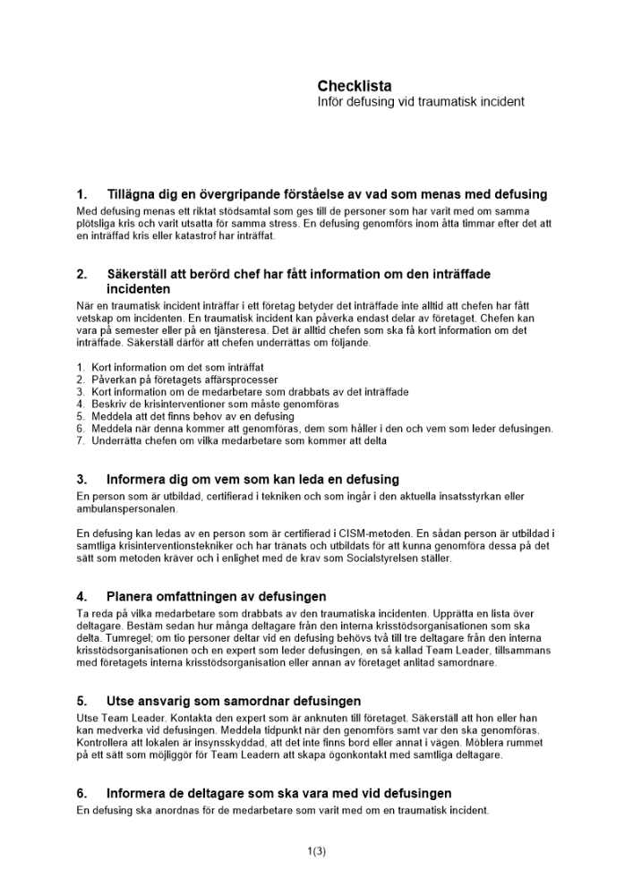 Checklista defusing traumatisk incident