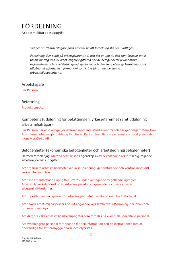 Fördelningshandling arbetsmiljö