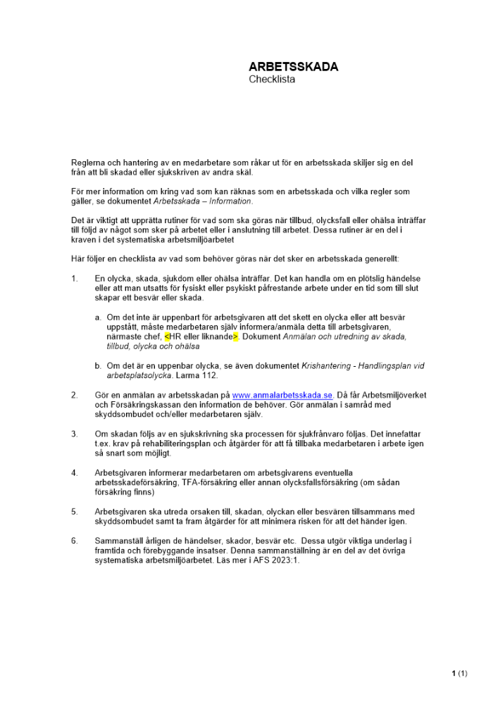 Arbetsskada - Checklista