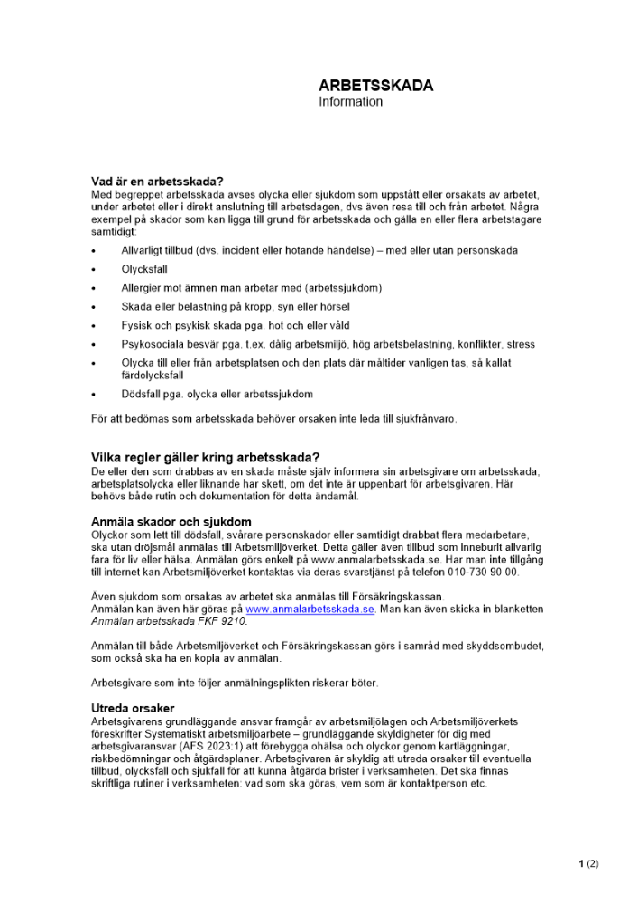Arbetsskada - Information