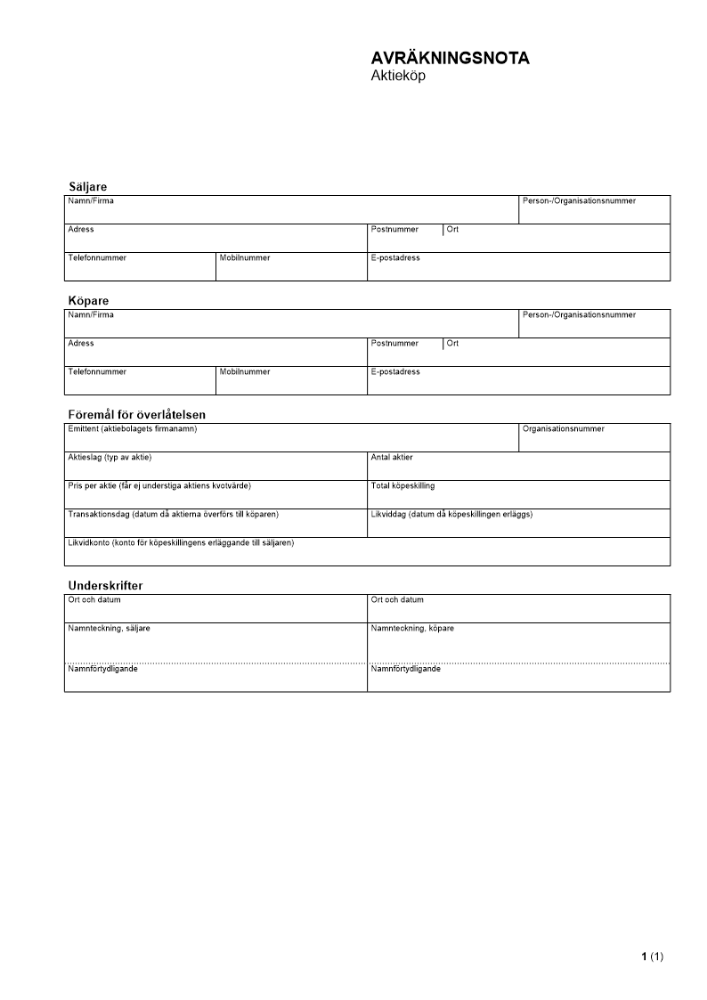 Avräkningsnota - Aktieköp