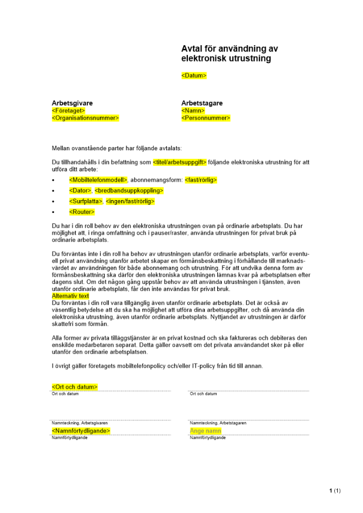 Avtal för användning av elektronisk utrustning