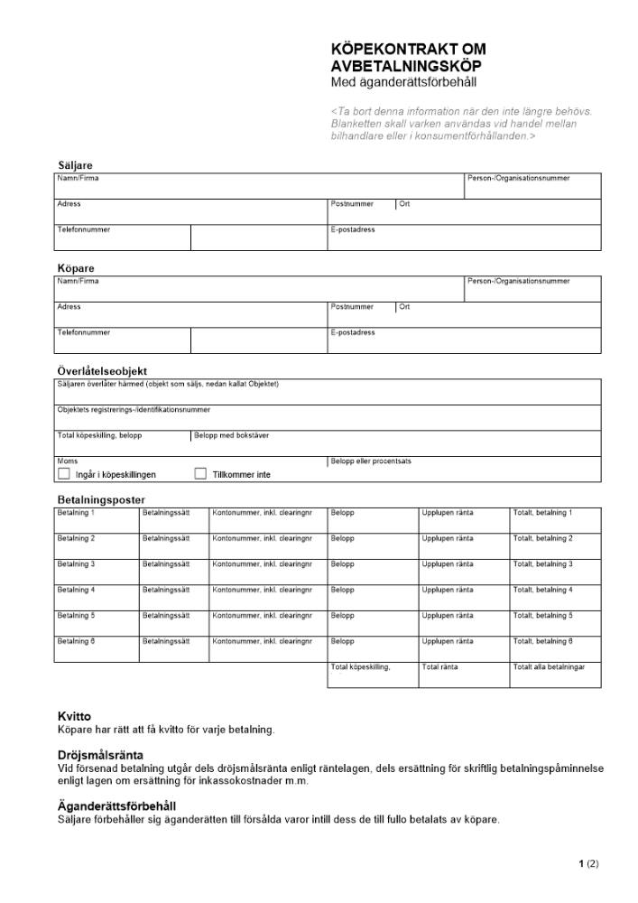 Avtal om avbetalningsköp - Med äganderättsförbehåll (mall)