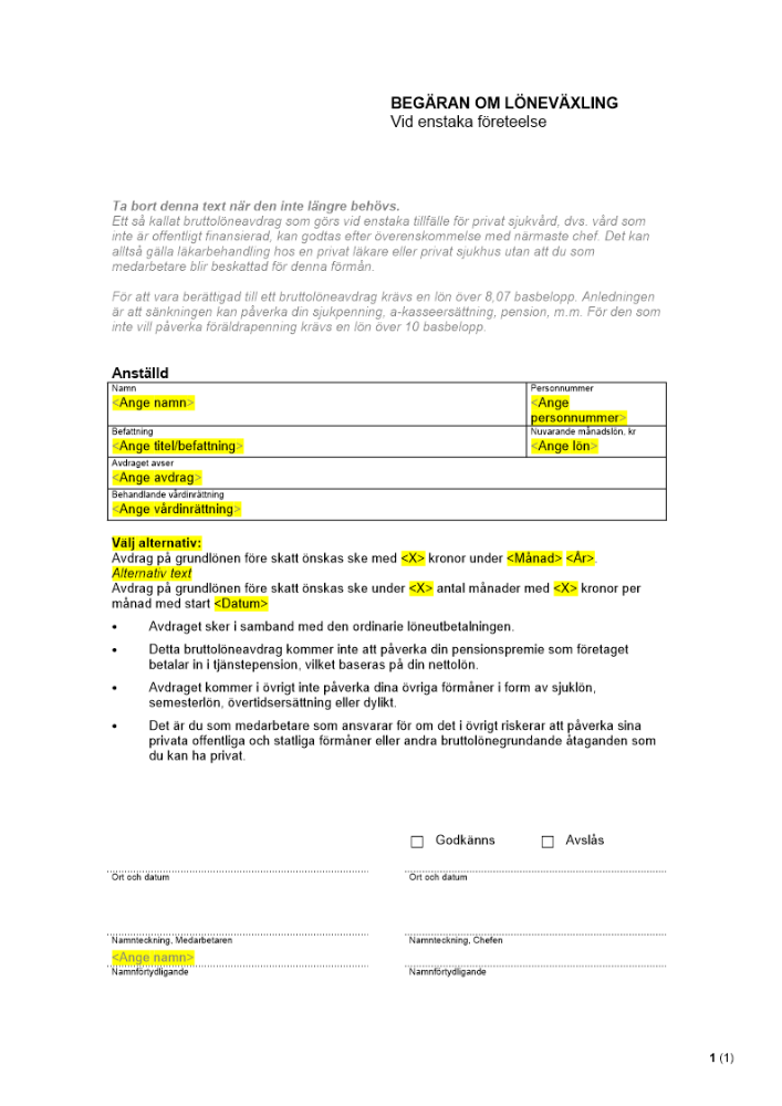 Begäran om löneväxling - vid enstaka företeelse