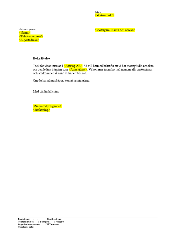 Bekräftelse på ansökan