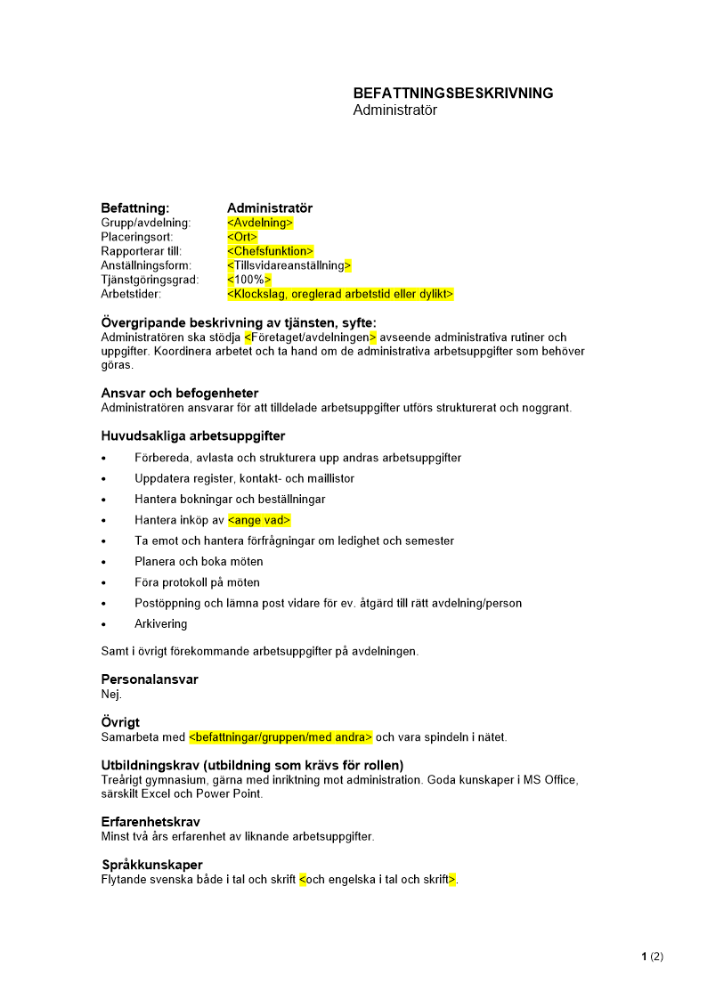 Befattningsbeskrivning - Administratör