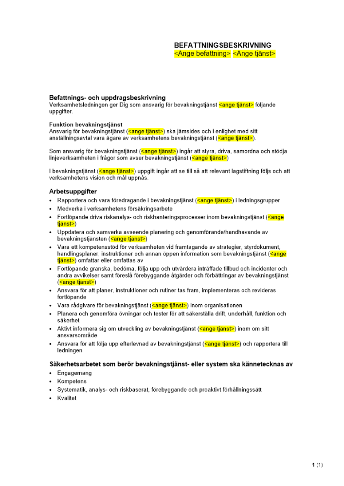 Befattningsbeskrivning - Bevakningstjänst