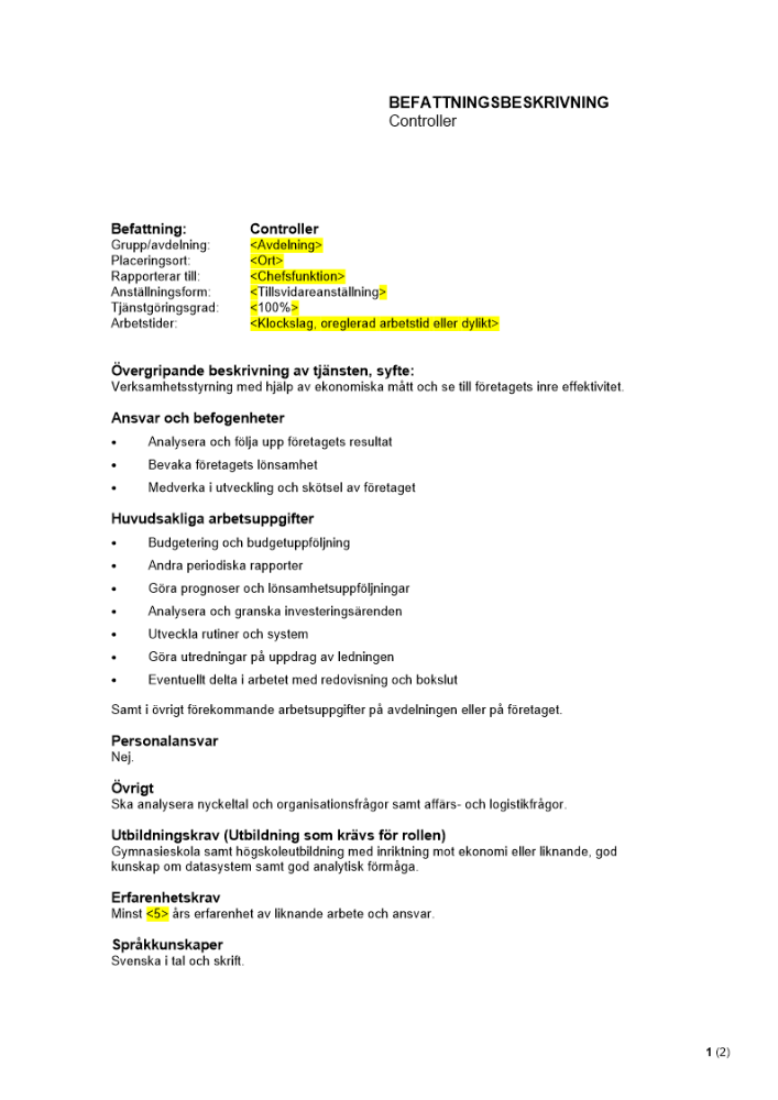 Befattningsbeskrivning - Controller