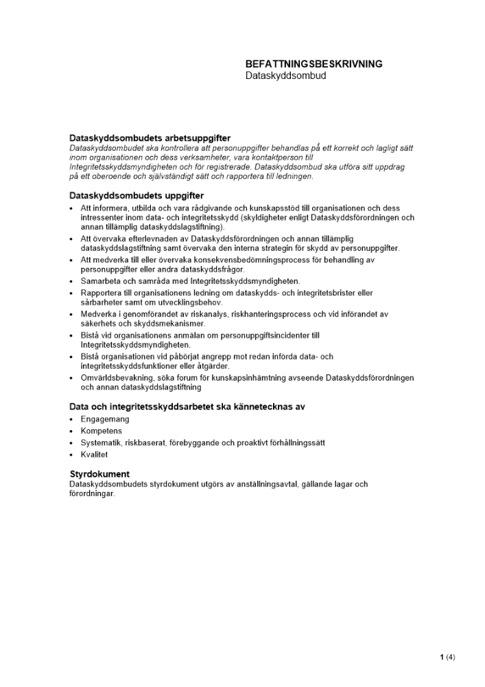 Befattningsbeskrivning - Dataskyddsombud
