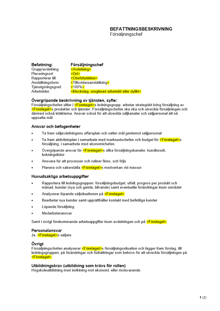 Befattningsbeskrivning - Försäljningschef