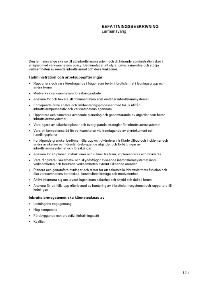 Befattningsbeskrivning - Larmansvarig