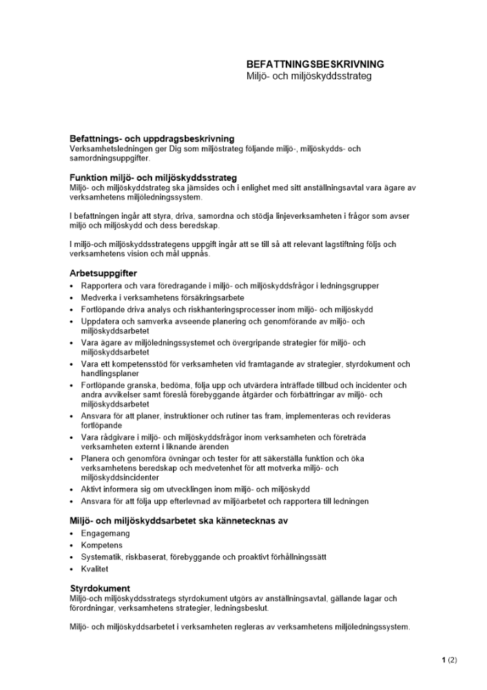 Befattningsbeskrivning - Miljö- och miljöskyddsstrateg