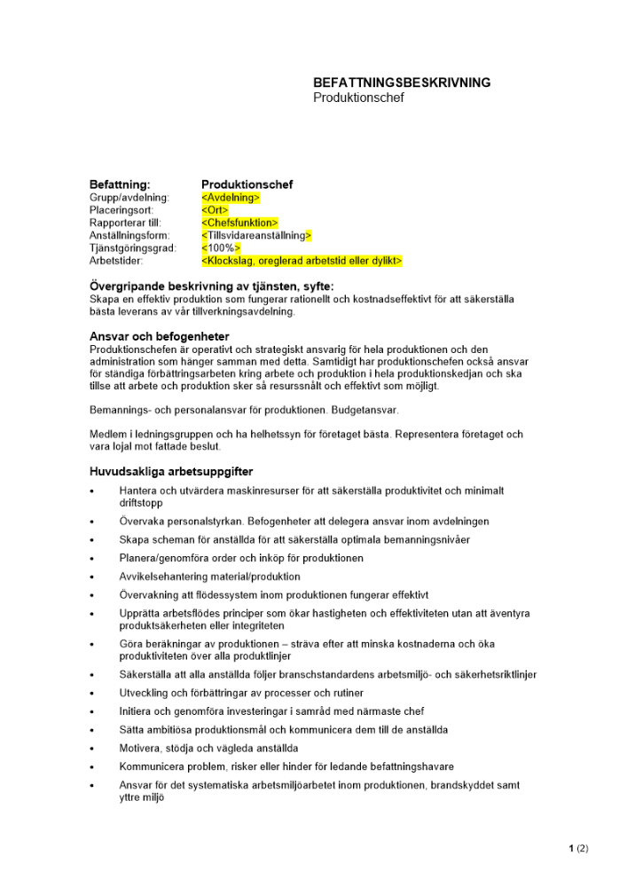 Befattningsbeskrivning - Produktionschef