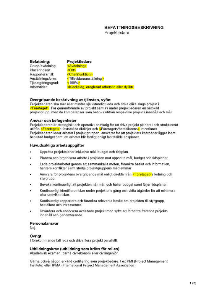 Befattningsbeskrivning - Projektledare