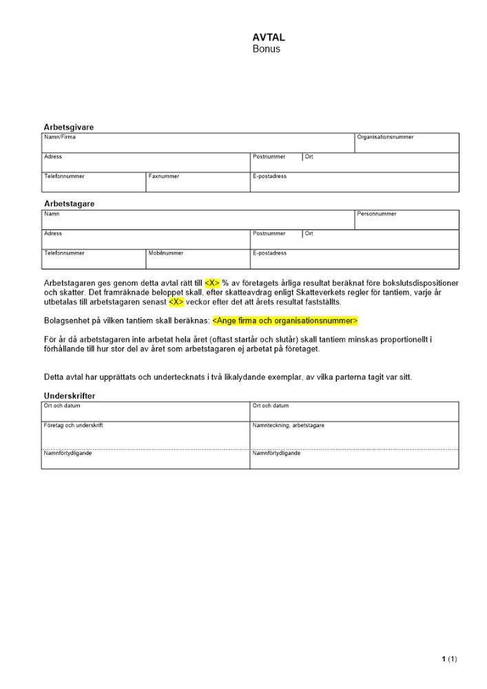 Bonusavtal - Tantiem