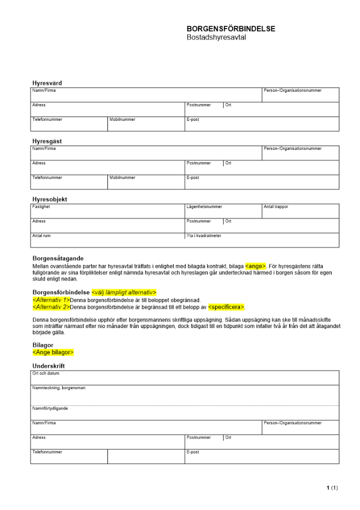 Borgensförbindelse - Bostadshyresavtal