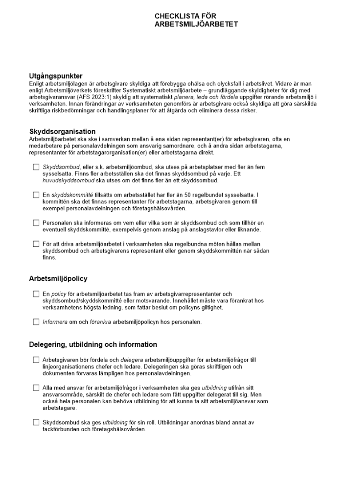 Checklista för arbetsmiljöarbetet