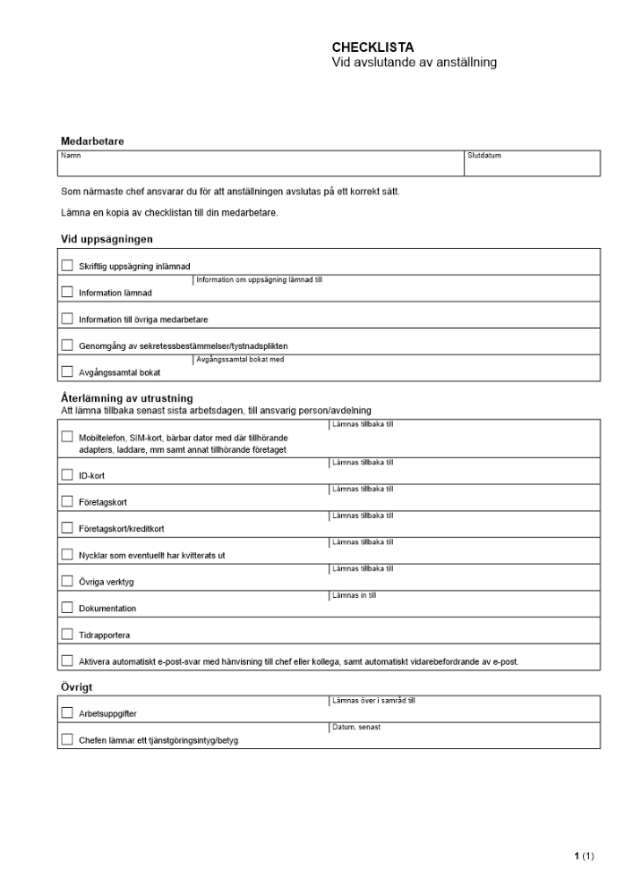 Checklista vid avslutande av anställning
