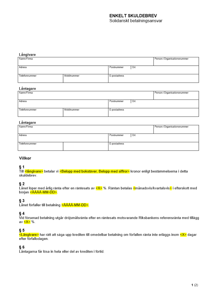 Enkelt skuldebrev - Solidariskt betalningsansvar