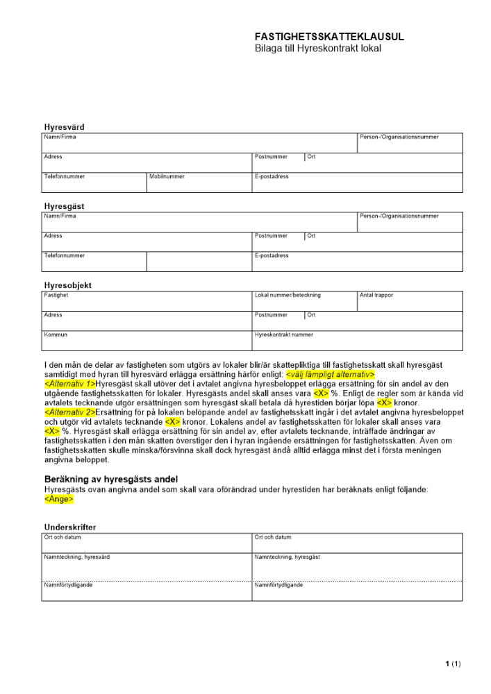 Fastighetsskatteklausul - Bilaga till Hyreskontrakt lokal