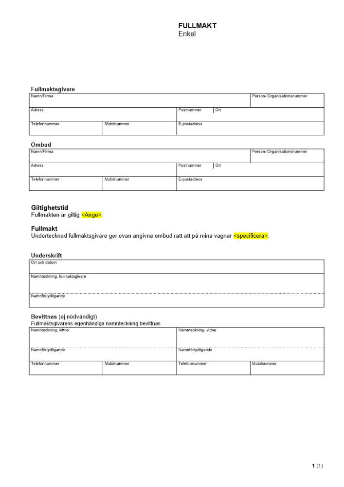 Fullmakt - Enkel