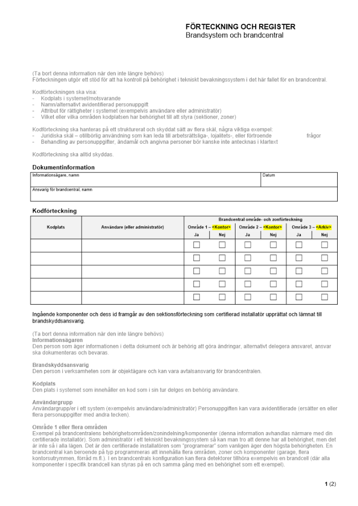 Förteckning och register - Brandsystem och brandcentral