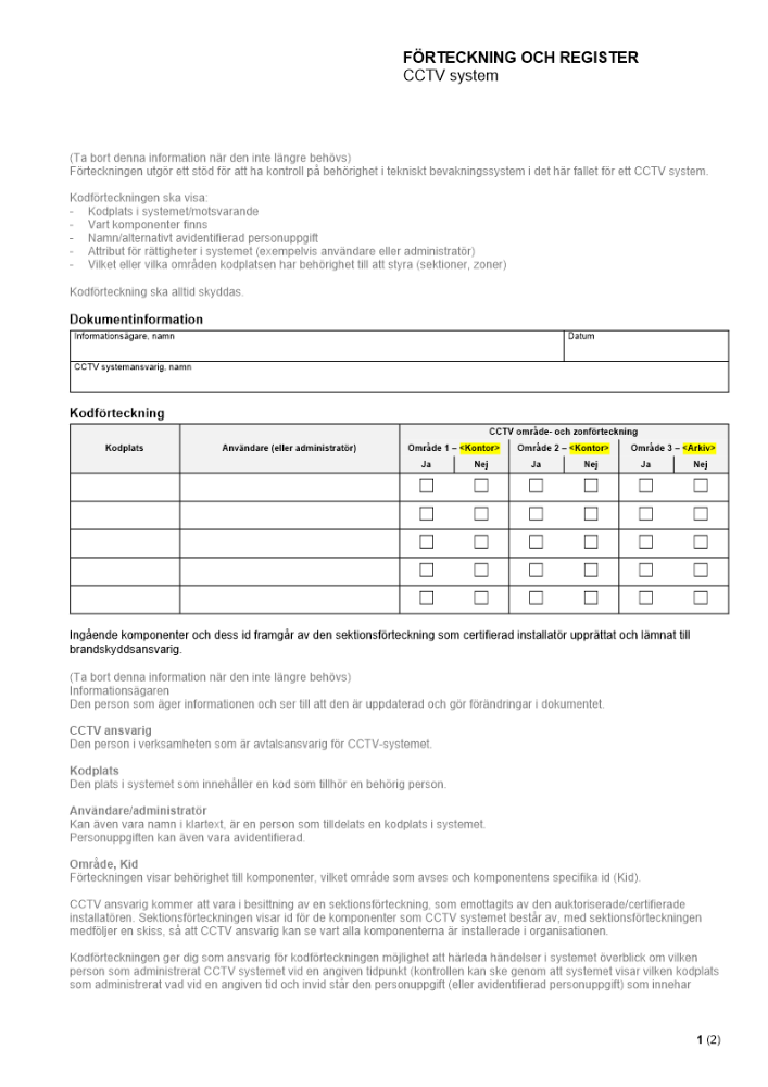 Förteckning och register - CCTV system