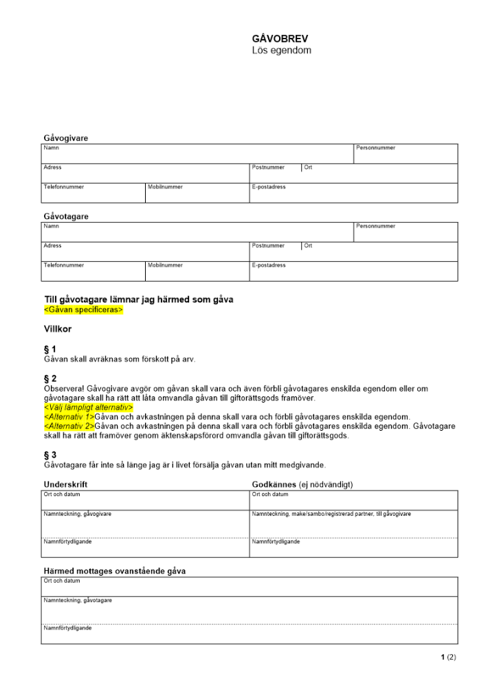 Gåvobrev - Lös egendom