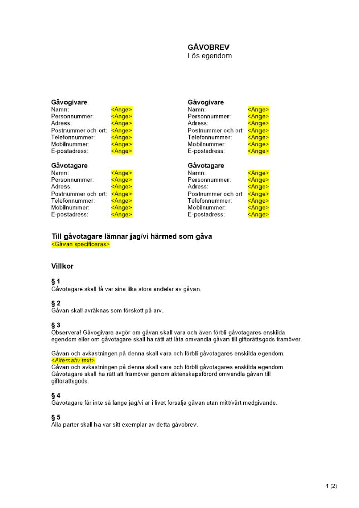 Gåvobrev - Lös egendom (mall)