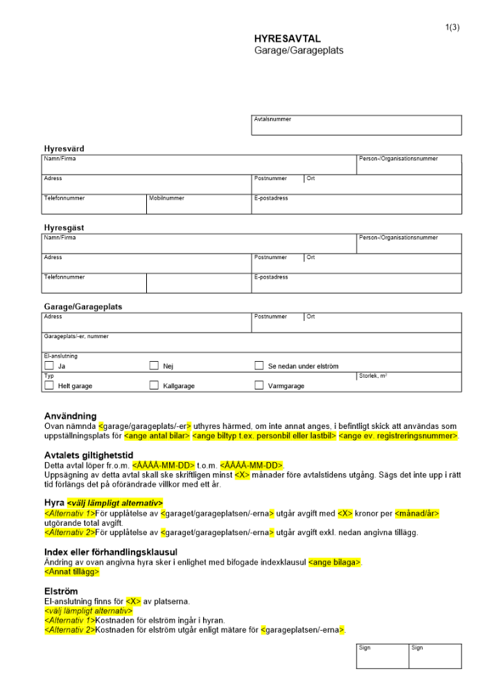 Hyresavtal - Garage Garageplats