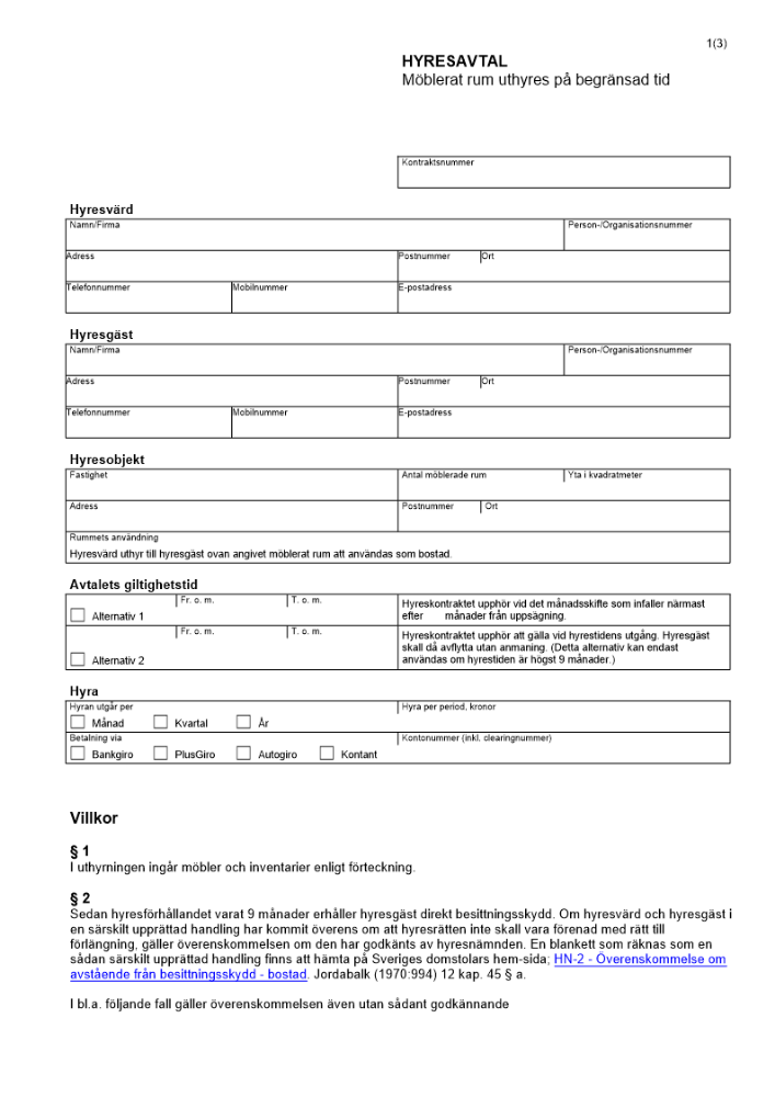 Hyresavtal - Möblerat rum på begränsad tid