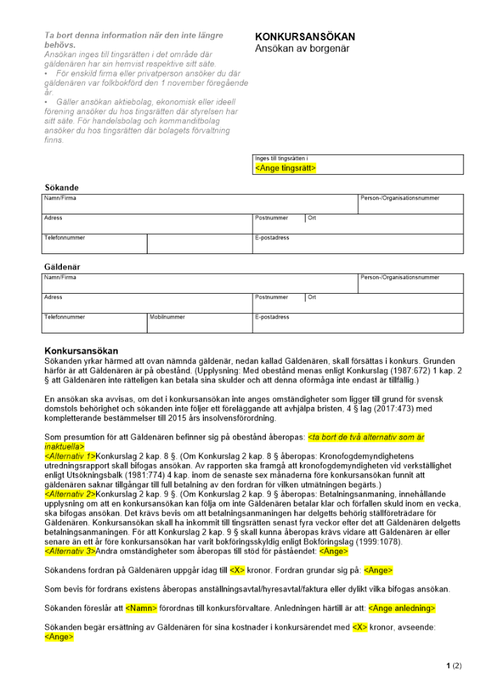 Konkursansökan - Ansökan av borgenär