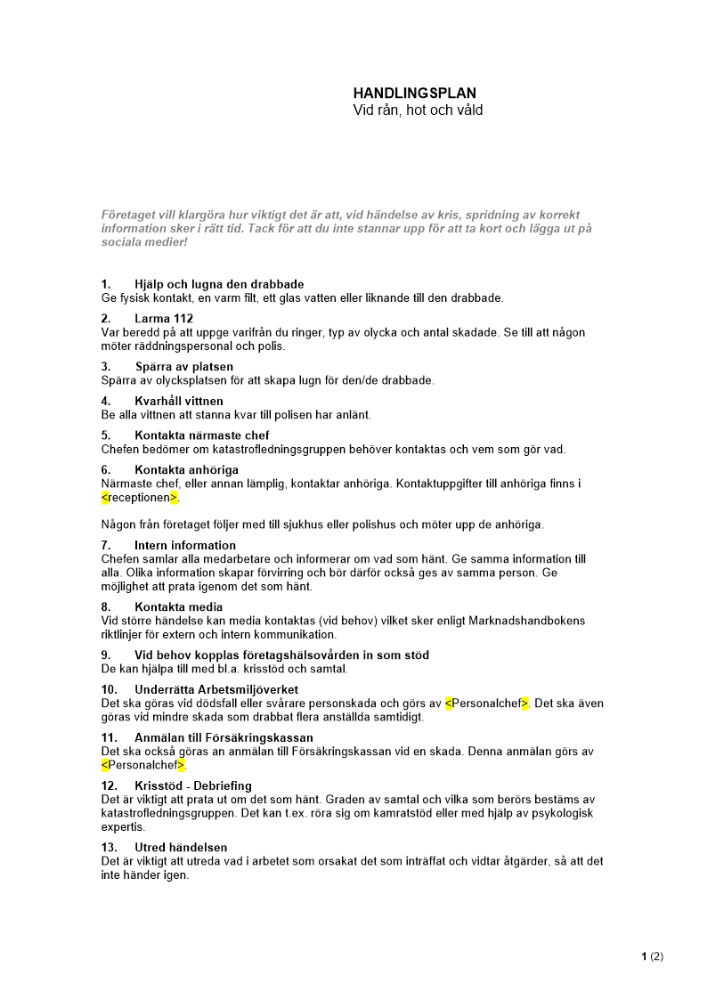Krishantering - Handlingsplan vid rån, hot och våld