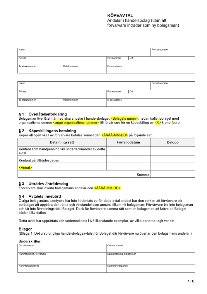 Köpeavtal - Andelar i handelsbolag (utan att förvärvare inträder som ny bolagsman)